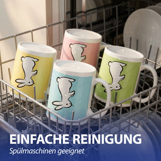 Kaffeebecher 'Bunny' 4er Set 300 ml Steinzeug 12,5x9,5x8cm weiß grün pink gelb türkis Henkeltasse Tasse Becher Aufdruck Hasensilhouette Osterdeko