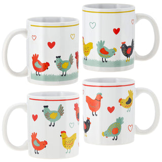 Kaffeebecher 'Hühner' 4er Set 300 ml Steinzeug 12,5x9,5x8cm weiß bunt Henkeltasse Tasse Becher Aufdruck Huhn Osterdeko