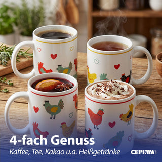 Kaffeebecher 'Hühner' 4er Set 300 ml Steinzeug 12,5x9,5x8cm weiß bunt Henkeltasse Tasse Becher Aufdruck Huhn Osterdeko