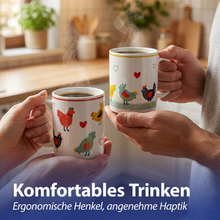 Kaffeebecher 'Hühner' 4er Set 300 ml Steinzeug 12,5x9,5x8cm weiß bunt Henkeltasse Tasse Becher Aufdruck Huhn Osterdeko