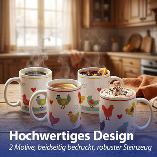 Kaffeebecher 'Hühner' 4er Set 300 ml Steinzeug 12,5x9,5x8cm weiß bunt Henkeltasse Tasse Becher Aufdruck Huhn Osterdeko