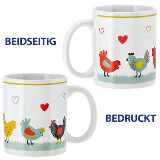Kaffeebecher 'Hühner' 4er Set 300 ml Steinzeug 12,5x9,5x8cm weiß bunt Henkeltasse Tasse Becher Aufdruck Huhn Osterdeko