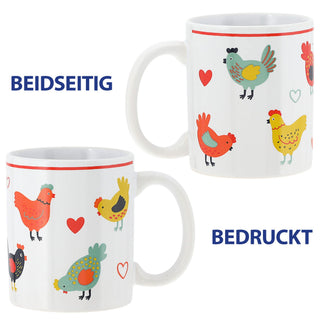 Kaffeebecher 'Hühner' 4er Set 300 ml Steinzeug 12,5x9,5x8cm weiß bunt Henkeltasse Tasse Becher Aufdruck Huhn Osterdeko