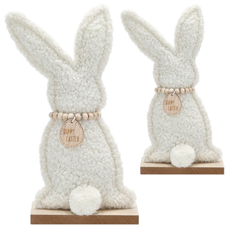 Hase auf Holzfuss 'Frohe Ostern' 2er Set Polyester MDF 13,5x26x6cm Osterdekoration Osterhase mit Holzkette und Kuschelfaktor