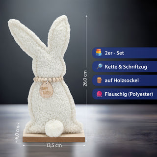 Hase auf Holzfuss 'Frohe Ostern' 2er Set Polyester MDF 13,5x26x6cm Osterdekoration Osterhase mit Holzkette und Kuschelfaktor