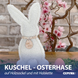 Hase auf Holzfuss 'Frohe Ostern' 2er Set Polyester MDF 13,5x26x6cm Osterdekoration Osterhase mit Holzkette und Kuschelfaktor
