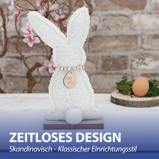 Hase auf Holzfuss 'Frohe Ostern' 2er Set Polyester MDF 13,5x26x6cm Osterdekoration Osterhase mit Holzkette und Kuschelfaktor