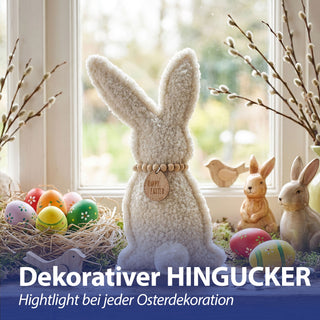 Hase auf Holzfuss 'Frohe Ostern' 2er Set Polyester MDF 13,5x26x6cm Osterdekoration Osterhase mit Holzkette und Kuschelfaktor