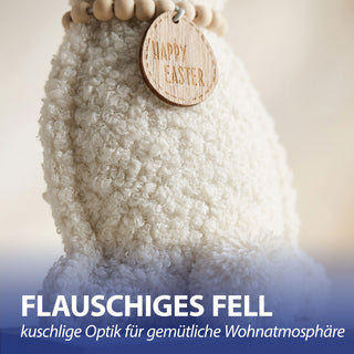 Hase auf Holzfuss 'Frohe Ostern' 2er Set Polyester MDF 13,5x26x6cm Osterdekoration Osterhase mit Holzkette und Kuschelfaktor