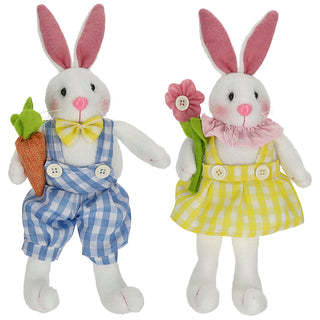 Osterhasenpaar Mann Frau sitzend im Karodesign 12x30x6cm Polyester blau gelb Osterdekoration Hasenfigur Dekofigur