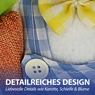 Osterhasenpaar Mann Frau sitzend im Karodesign 12x30x6cm Polyester blau gelb Osterdekoration Hasenfigur Dekofigur