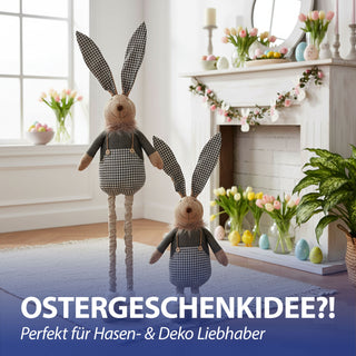 Osterhase 'Hoppel' mit Teleskopbeinen max. H115cm Polyester Metallbeine Blautöne Hasenschuhe Osterdekoration ausziehbare Beine