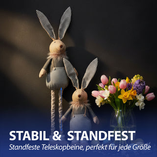 Osterhase 'Hoppel' mit Teleskopbeinen max. H115cm Polyester Metallbeine Blautöne Hasenschuhe Osterdekoration ausziehbare Beine