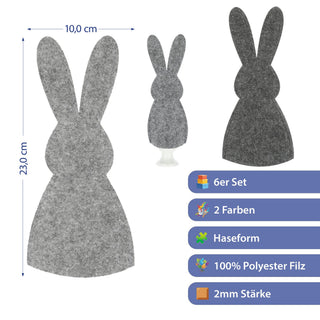 Eierwärmer Hase 6er Set Polyester Filz grau anthrazit 10,5x23cm Osterdekoration Eiermütze Eierhaube Eiüberzug Frühstückszubehör