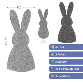 Eierwärmer Hase 6er Set Polyester Filz grau anthrazit 10,5x23cm Osterdekoration Eiermütze Eierhaube Eiüberzug Frühstückszubehör