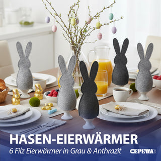 Eierwärmer Hase 6er Set Polyester Filz grau anthrazit 10,5x23cm Osterdekoration Eiermütze Eierhaube Eiüberzug Frühstückszubehör