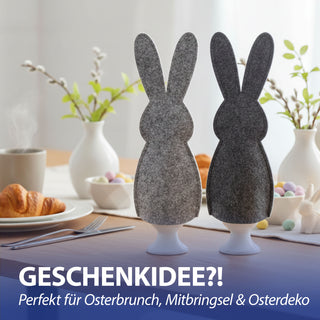 Eierwärmer Hase 6er Set Polyester Filz grau anthrazit 10,5x23cm Osterdekoration Eiermütze Eierhaube Eiüberzug Frühstückszubehör