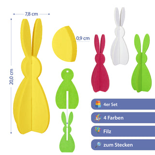 Hase zum Aufstellen 4er Set 'Rabbit' Polyester Filz H:20cm/30cm weiß gelb pink grün Osterdekoration Osterhase zum Stecken Dekofigur Steckfigur