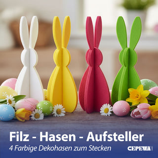 Hase zum Aufstellen 4er Set 'Rabbit' Polyester Filz H:20cm/30cm weiß gelb pink grün Osterdekoration Osterhase zum Stecken Dekofigur Steckfigur