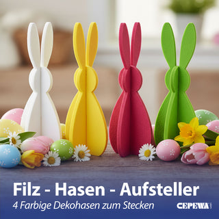Hase zum Aufstellen 4er Set 'Rabbit' Polyester Filz H:20cm/30cm weiß gelb pink grün Osterdekoration Osterhase zum Stecken Dekofigur Steckfigur