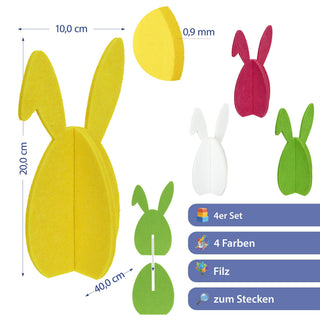 Hase mit Schlappohr 4er Set zum Aufstellen 'Rabbit' Polyester Filz H: 20cm / 40cm weiß gelb pink grün Osterdekoration Osterhase zum Stecken Dekofigur Steckfigur