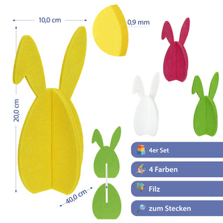 Hase mit Schlappohr 4er Set zum Aufstellen 'Rabbit' Polyester Filz H: 20cm / 40cm weiß gelb pink grün Osterdekoration Osterhase zum Stecken Dekofigur Steckfigur
