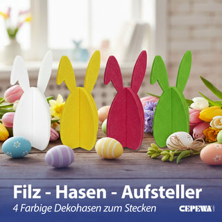 Hase mit Schlappohr 4er Set zum Aufstellen 'Rabbit' Polyester Filz H: 20cm / 40cm weiß gelb pink grün Osterdekoration Osterhase zum Stecken Dekofigur Steckfigur