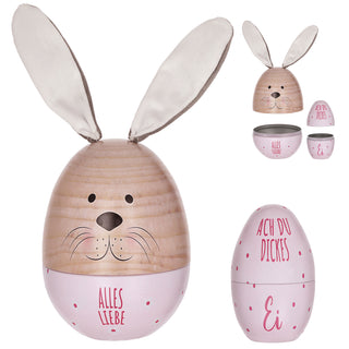 Geschenkdose Osterhase 2er Set Ei mit Ohren + Ei klein rosa oder grün natur Metall Polyester 11,5x14,5cm Dose Verpackung Geschenkbox