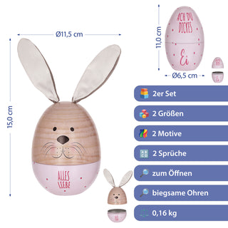 Geschenkdose Osterhase 2er Set Ei mit Ohren + Ei klein rosa oder grün natur Metall Polyester 11,5x14,5cm Dose Verpackung Geschenkbox