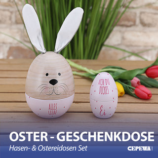 Geschenkdose Osterhase 2er Set Ei mit Ohren + Ei klein rosa oder grün natur Metall Polyester 11,5x14,5cm Dose Verpackung Geschenkbox