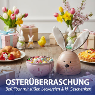 Geschenkdose Osterhase 2er Set Ei mit Ohren + Ei klein rosa oder grün natur Metall Polyester 11,5x14,5cm Dose Verpackung Geschenkbox