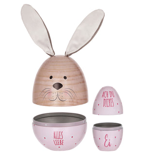 Geschenkdose Osterhase 2er Set Ei mit Ohren + Ei klein rosa oder grün natur Metall Polyester 11,5x14,5cm Dose Verpackung Geschenkbox