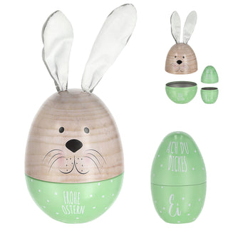Geschenkdose Osterhase 2er Set Ei mit Ohren + Ei klein rosa oder grün natur Metall Polyester 11,5x14,5cm Dose Verpackung Geschenkbox