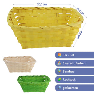 Osterkorb 3er Set rechteckig natur grün gelb Bambus 20x8x13cm Osterdekoration Osternest Korb geflochten Körbchen für Ostereier