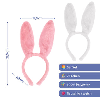 Haarreif Bunny 6er Set pink weiß Polyester 19x29x2cm Osterdeko JGA Verkleidung Party-Accessoire Reif mit Hasenohren Plüsch