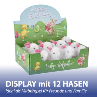Hüpfendes Häschen zum Aufziehen 12er Set Display 5x8x7cm weiß Kunststoff Plüsch Aufziehspielzeug Osterdekoration Osterhase
