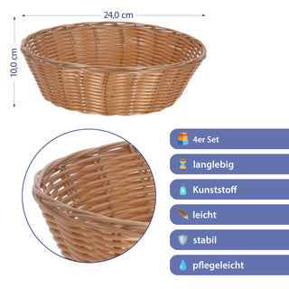Brotkorb 4er Set rund Ø24x10cm Kunststoff geflochten braun Aufbewahrungskorb Kunststoffkorb Frühstückskorb Tischdeko