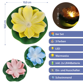 LED Seerose Floating 6er Set warmweiß | EVA PVC Ø10x7cm gelb blau rosa Fieberglasoptik | batteriebetrieben An-/Ausschalter | schwimmendes Dekolicht