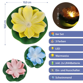 LED Seerose Floating 6er Set warmweiß | EVA PVC Ø10x7cm gelb blau rosa Fieberglasoptik | batteriebetrieben An-/Ausschalter | schwimmendes Dekolicht