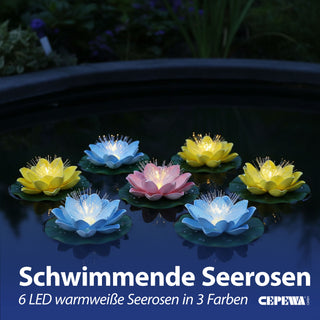 LED Seerose Floating 6er Set warmweiß | EVA PVC Ø10x7cm gelb blau rosa Fieberglasoptik | batteriebetrieben An-/Ausschalter | schwimmendes Dekolicht