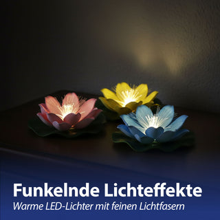 LED Seerose Floating 6er Set warmweiß | EVA PVC Ø10x7cm gelb blau rosa Fieberglasoptik | batteriebetrieben An-/Ausschalter | schwimmendes Dekolicht
