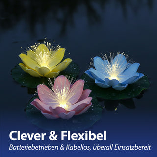 LED Seerose Floating 6er Set warmweiß | EVA PVC Ø10x7cm gelb blau rosa Fieberglasoptik | batteriebetrieben An-/Ausschalter | schwimmendes Dekolicht