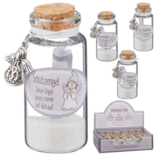 Wunschglas Schutzengel 24er Set Display mit Wunschstaub Ø3x7cm Glas Sand Glitzersand Geschenkidee Glücksbringer Mitbringsel