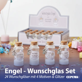 Wunschglas Schutzengel 24er Set Display mit Wunschstaub Ø3x7cm Glas Sand Glitzersand Geschenkidee Glücksbringer Mitbringsel