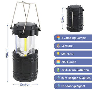 1/2er Campinglaterne zum Hängen und Stellen silber/schwarz 8,5x12cm ABS PS Tischlampe Hängelampe 200 Lumen batteriebetrieben Outdoorlampe