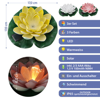 LED Seerose Floating 3er Set EVA PVC Ø17x6cm Solar gelb weiß rosa Akku An-/Ausschalter Solar-Panel IP65 schwimmendes Dekolicht Blume