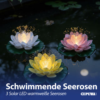LED Seerose Floating 3er Set EVA PVC Ø17x6cm Solar gelb weiß rosa Akku An-/Ausschalter Solar-Panel IP65 schwimmendes Dekolicht Blume