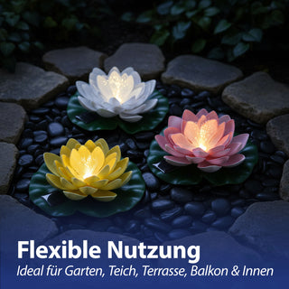 LED Seerose Floating 3er Set EVA PVC Ø17x6cm Solar gelb weiß rosa Akku An-/Ausschalter Solar-Panel IP65 schwimmendes Dekolicht Blume