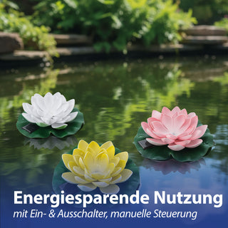 LED Seerose Floating 3er Set EVA PVC Ø17x6cm Solar gelb weiß rosa Akku An-/Ausschalter Solar-Panel IP65 schwimmendes Dekolicht Blume