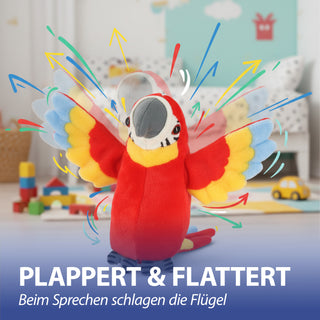 Papagei sprechend 11x20x10cm Polyester rot / blau Dekofigur mit Aufnahme- und Wiedergabefunktion Flügel flattern batteriebetrieben